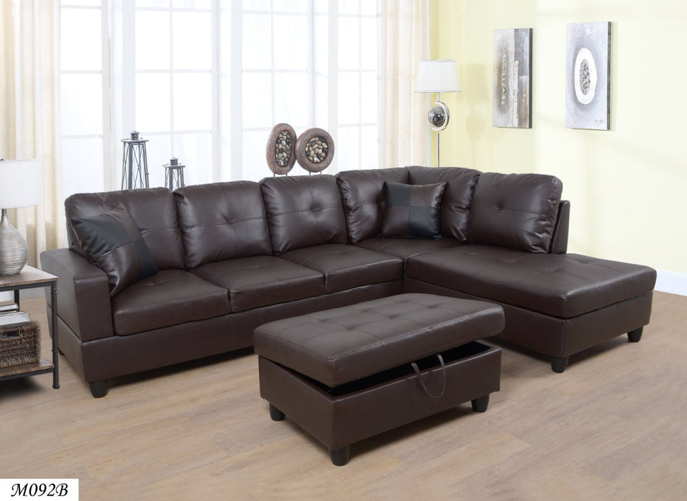 English Elm 3 Piece Faux Leather Sectional with Left Chaise and Bonus Storage Ottoman M092B