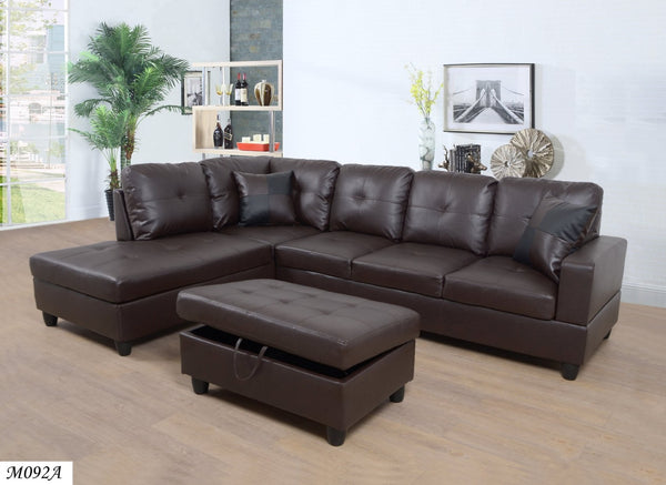 English Elm 3 Piece Faux Leather Sectional Set with Chaise and Bonus Storage Ottoman Included M092A