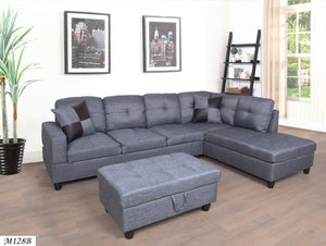 English Elm 3 Piece Gray Sectional with Left Chaise Microfiber Seating and Storage Ottoman M128B