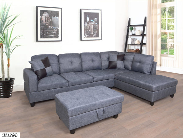 English Elm 3 Piece Gray Sectional with Left Chaise Microfiber Seating and Storage Ottoman M128B