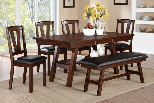 English Elm Dining Set Six Piece Walnut Rubberwood Table Four Chairs Bench Transitional Room B011S00962