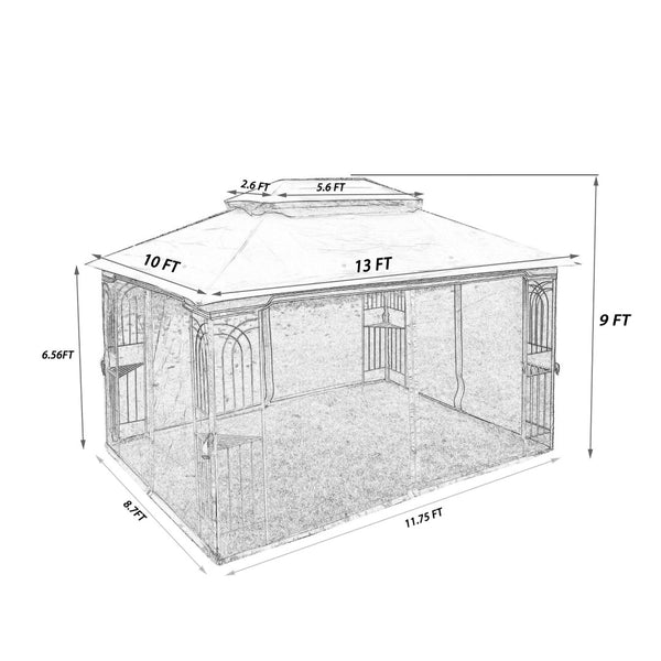 English Elm 13x10 Outdoor Gazebo Steel Frame Dual Roof Canopy with Removable Mesh Screen Panels W41933760