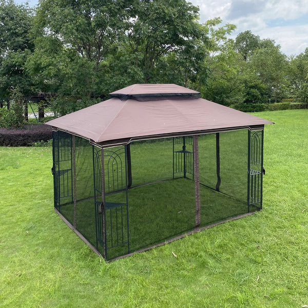 English Elm 10x12 Outdoor Patio Gazebo Canopy Replacement Double-Tier Polyester UV Resistant Roof with Drain Holes Brown W419P198358