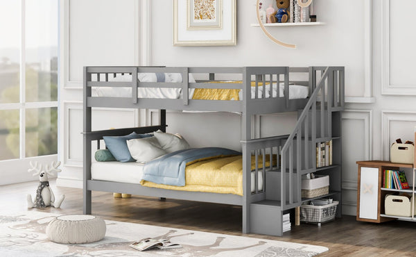 English Elm Stairway Full Over Bunk Bed with Staircase Storage Shelves in White Pine Gray LT100110AAE