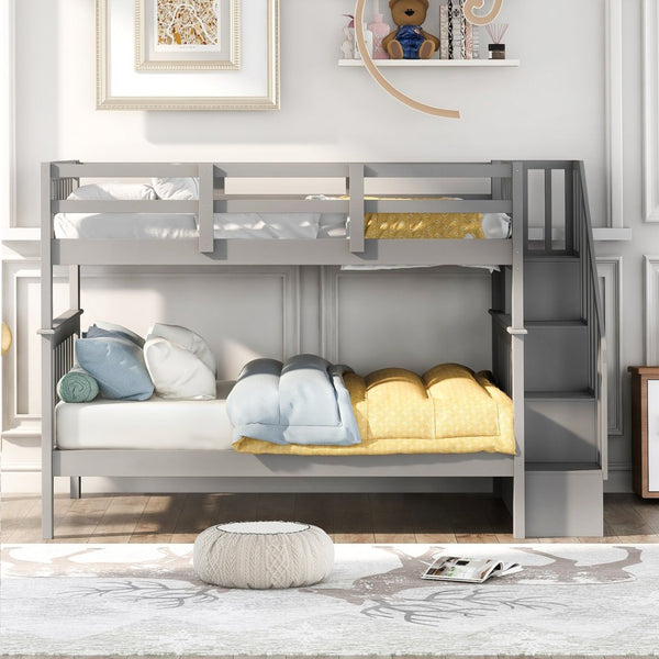 English Elm Stairway Full Over Bunk Bed with Staircase Storage Shelves in White Pine Gray LT100110AAE