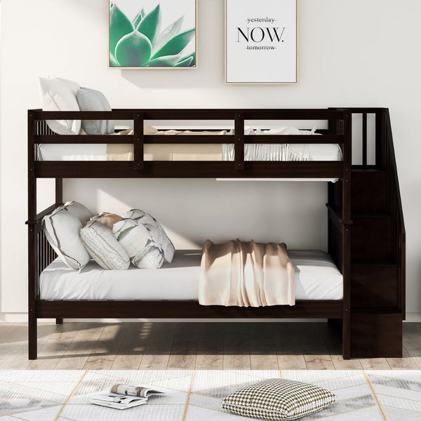 English Elm Stairway Full Over Bunk Bed with Staircase Storage Shelves in White Pine Espresso LT100110AAP