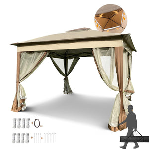 English Elm Outdoor 11x11 Ft Pop up Gazebo with Mesh Netting Two Tier Steel Frame Canopy W41932833