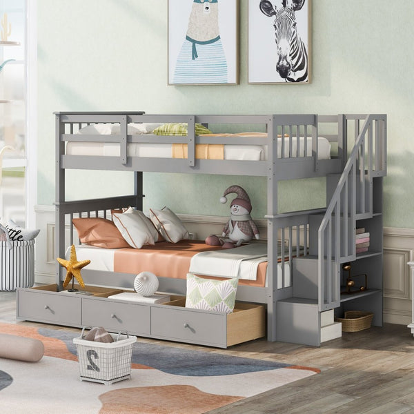 English Elm Stairway Twin Over Bunk Bed with Stair Storage for Kids Bedroom Espresso LT000309AAE