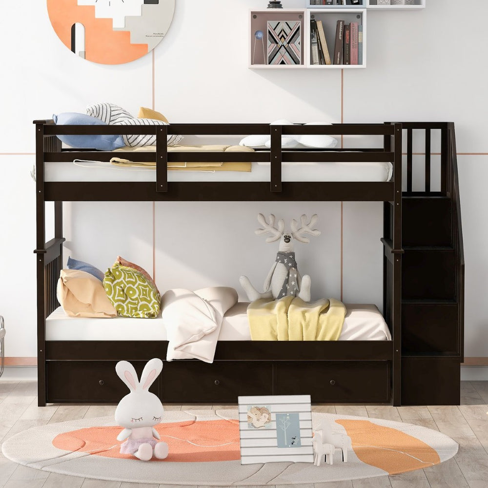 English Elm Stairway Twin Over Bunk Bed with Stair Storage for Kids Bedroom Espresso LT000309AAP-1