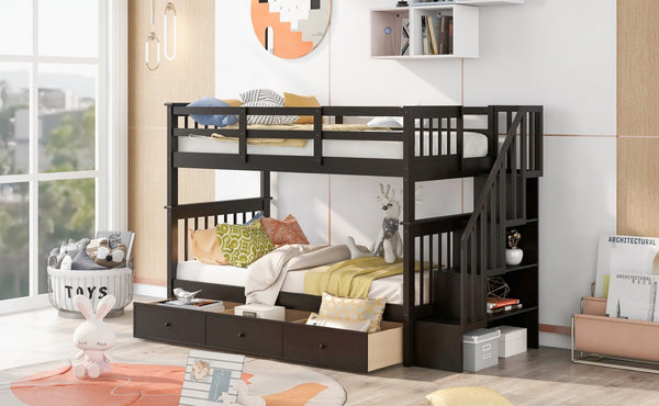 English Elm Stairway Twin Over Bunk Bed with Stair Storage for Kids Bedroom Espresso LT000309AAP-1