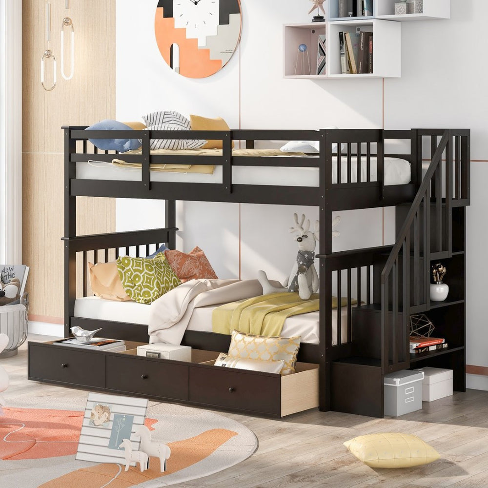 English Elm Stairway Twin Over Bunk Bed with Stair Storage for Kids Bedroom Espresso LT000309AAP