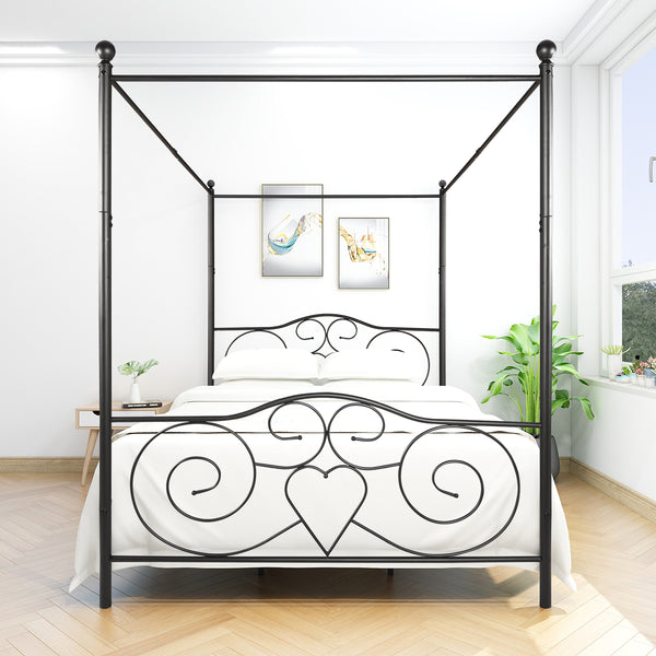 English Elm Metal Canopy Bed Frame Queen Black with Vintage Headboard & Footboard, Sturdy Steel Slats, Underbed Storage, Easy DIY Assembly W84036133