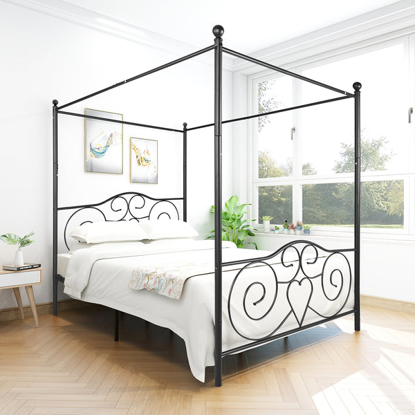 English Elm Metal Canopy Bed Frame Queen Black with Vintage Headboard & Footboard, Sturdy Steel Slats, Underbed Storage, Easy DIY Assembly W84036133