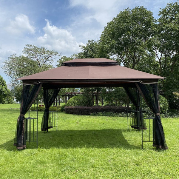 English Elm 13x10 Outdoor Gazebo Steel Frame Dual Roof Canopy with Removable Mesh Screen Panels W41933760
