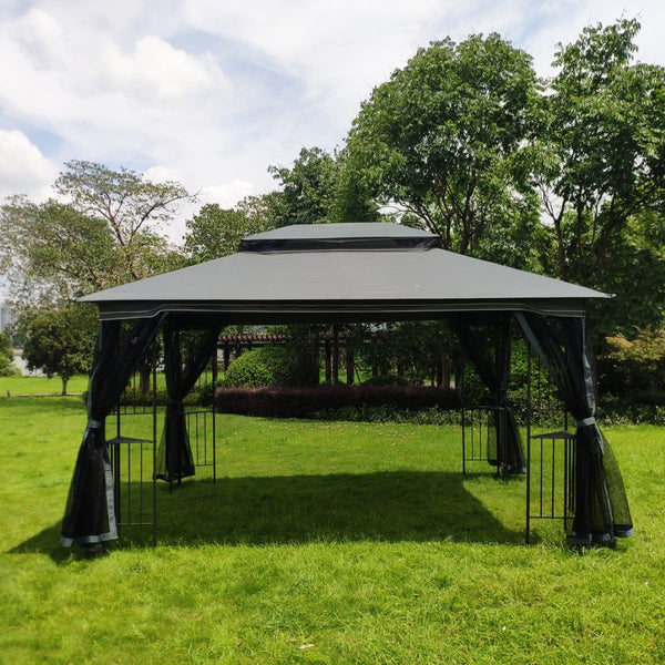 English Elm 13x10 Outdoor Gazebo with Vented Dual Roof Mesh Panels Steel Frame Backyard Shelter W41934252