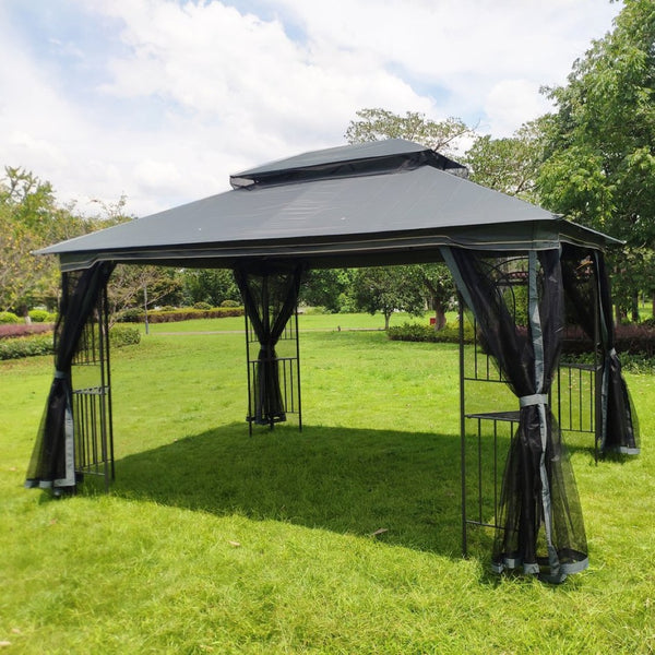 English Elm 13x10 Outdoor Gazebo with Vented Dual Roof Mesh Panels Steel Frame Backyard Shelter W41934252