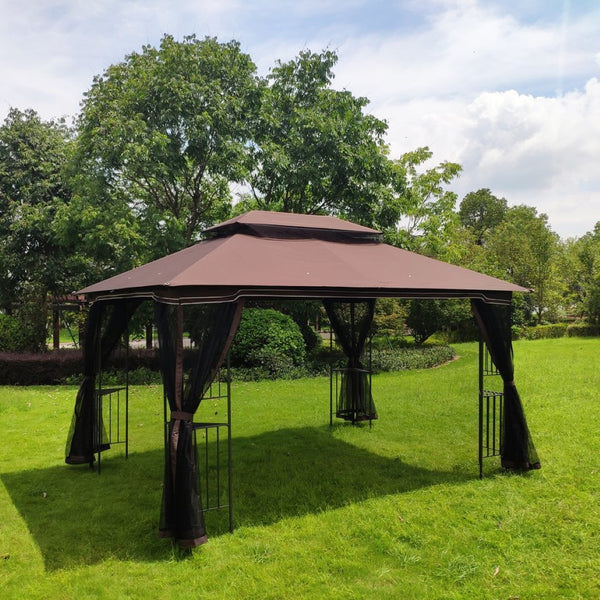 English Elm 13x10 Outdoor Gazebo Steel Frame Dual Roof Canopy with Removable Mesh Screen Panels W41933760