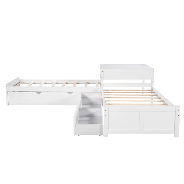 English Elm L-shaped Pine Platform Bed with Trundle, Built-in Desk and Drawers for Space-Saving Triple Sleep White SM000916AAK-1