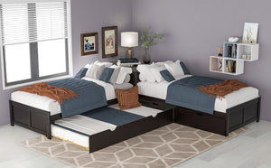 English Elm L-shaped Pine Platform Bed with Trundle, Built-in Desk and Drawers for Space-Saving Triple Sleep Espresso SM000916AAP-1