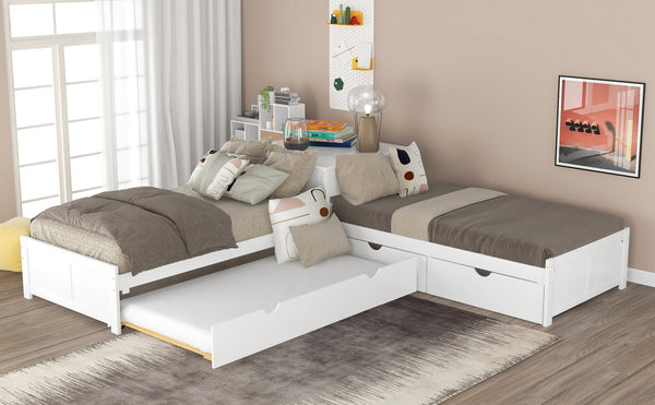 English Elm L-shaped Pine Platform Bed with Trundle, Built-in Desk and Drawers for Space-Saving Triple Sleep White SM000916AAK-1