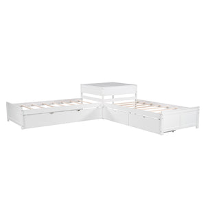 English Elm L-shaped Pine Platform Bed with Trundle, Built-in Desk and Drawers for Space-Saving Triple Sleep White SM000916AAK-1