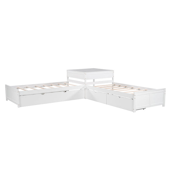 English Elm L-shaped Pine Platform Bed with Trundle, Built-in Desk and Drawers for Space-Saving Triple Sleep White SM000916AAK-1