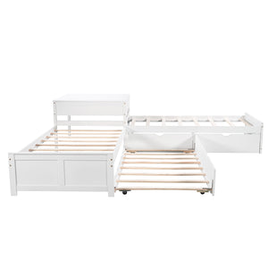 English Elm L-shaped Pine Platform Bed with Trundle, Built-in Desk and Drawers for Space-Saving Triple Sleep White SM000916AAK-1