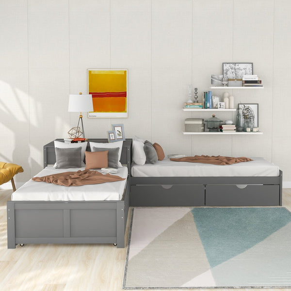 English Elm L-shaped Pine Platform Bed with Trundle, Built-in Desk and Drawers for Space-Saving Triple Sleep Gray SM000916AAE-1