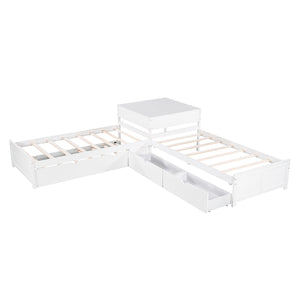 English Elm L-shaped Pine Platform Bed with Trundle, Built-in Desk and Drawers for Space-Saving Triple Sleep White SM000916AAK-1