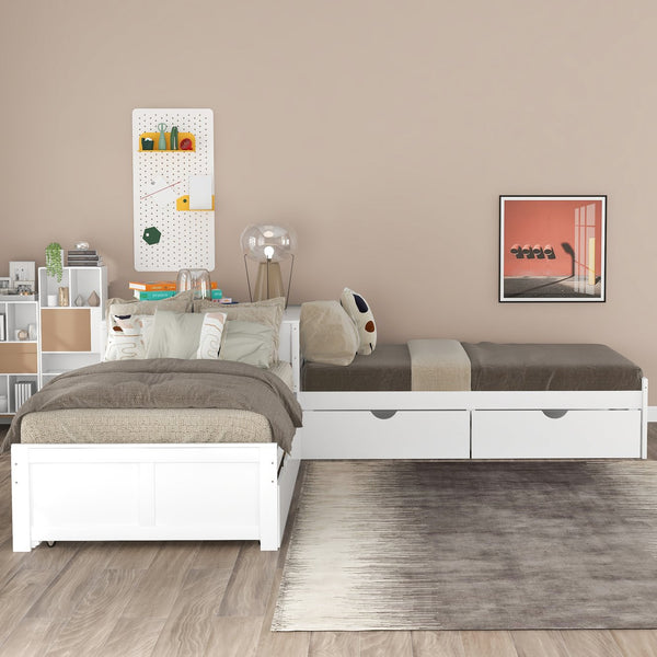 English Elm L-shaped Pine Platform Bed with Trundle, Built-in Desk and Drawers for Space-Saving Triple Sleep White SM000916AAK-1
