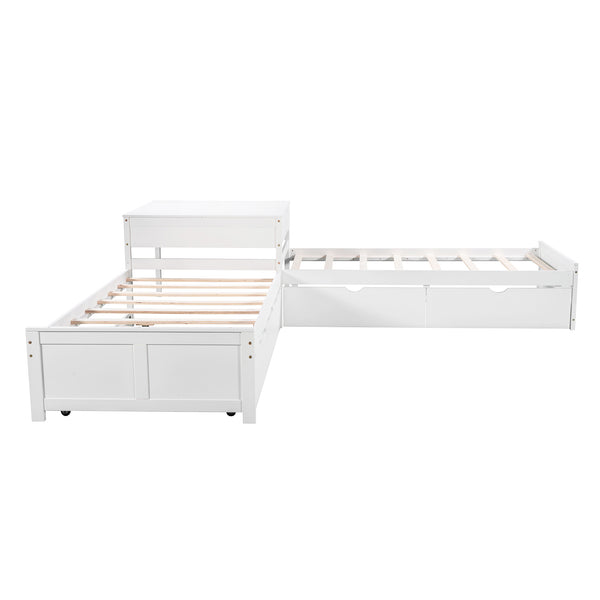 English Elm L-shaped Pine Platform Bed with Trundle, Built-in Desk and Drawers for Space-Saving Triple Sleep White SM000916AAK-1