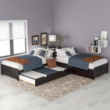 L-Shaped Platform Bed with Trundle and Drawers Linked with Built-In Desk, Twin, Espresso