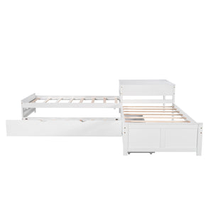 English Elm L-shaped Pine Platform Bed with Trundle, Built-in Desk and Drawers for Space-Saving Triple Sleep White SM000916AAK-1