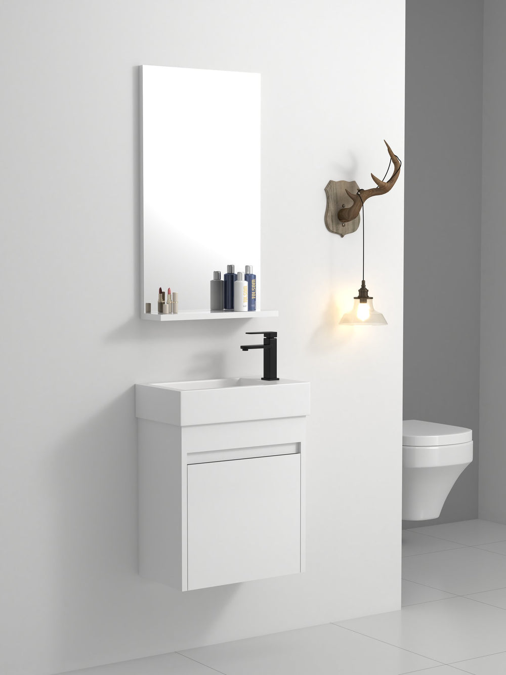 English Elm 18'' Floating Wall Vanity with Resin Sink, Open Shelf Storage, Eco-Friendly Plywood, Soft-Close Door White Straight Grain W99936243