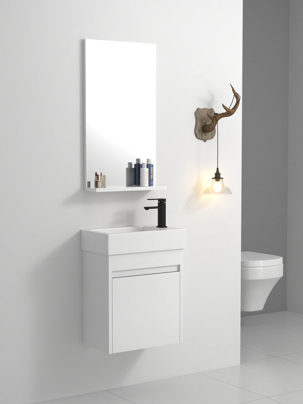 English Elm 18'' Floating Wall Vanity with Resin Sink, Open Shelf Storage, Eco-Friendly Plywood, Soft-Close Door White Straight Grain W99936243