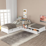 Hearth and Haven L-Shaped Platform Bed with Trundle and Drawers Linked with Built-In Desk, Twin, White SM000916AAK