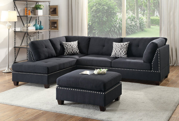 English Elm 3-pcs Reversible Sectional Sofa Set with Ottoman, Bonded Leather or Linen-Look, Oversized Cushions Spacious Comfort F6974-ID-AHD