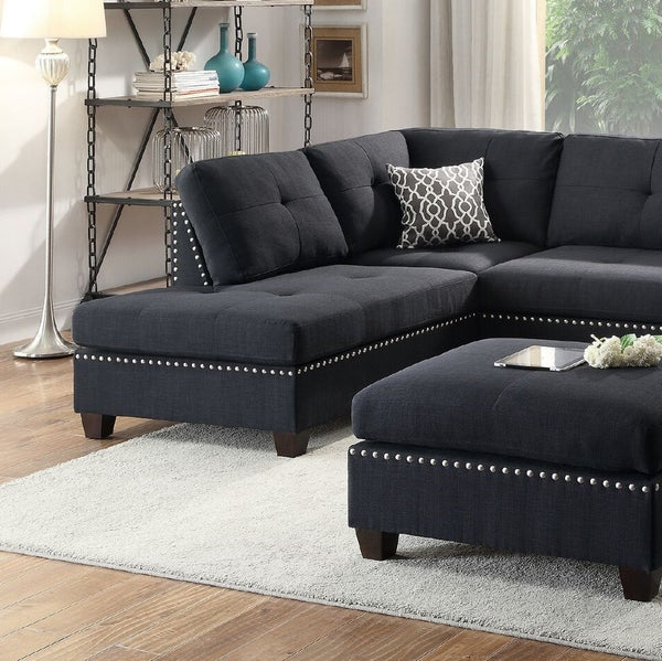 English Elm 3-pcs Reversible Sectional Sofa Set with Ottoman, Bonded Leather or Linen-Look, Oversized Cushions Spacious Comfort F6974-ID-AHD