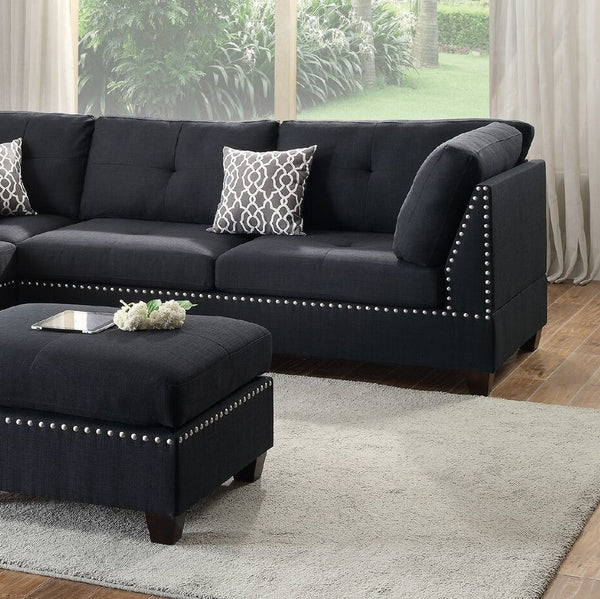 English Elm 3-pcs Reversible Sectional Sofa Set with Ottoman, Bonded Leather or Linen-Look, Oversized Cushions Spacious Comfort F6974-ID-AHD