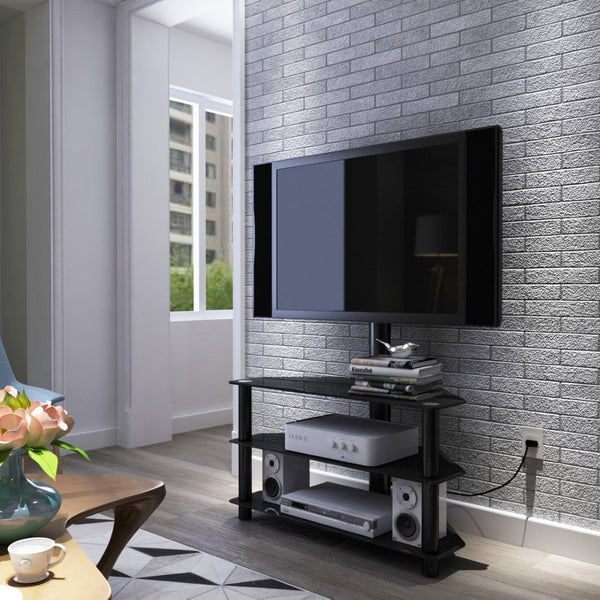 English Elm Black Tempered Glass Three Tier Tv Stand with Swivel Mount for Modern Living Rooms W24105047
