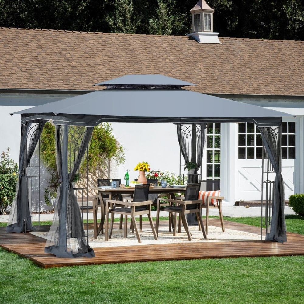 English Elm 13x10 Outdoor Gazebo with Vented Dual Roof Mesh Panels Steel Frame Backyard Shelter W41934252