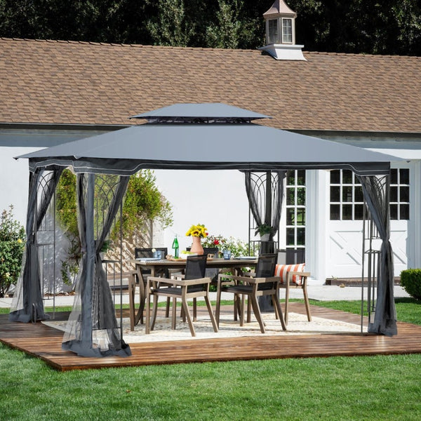 English Elm 13x10 Outdoor Gazebo with Vented Dual Roof Mesh Panels Steel Frame Backyard Shelter W41934252