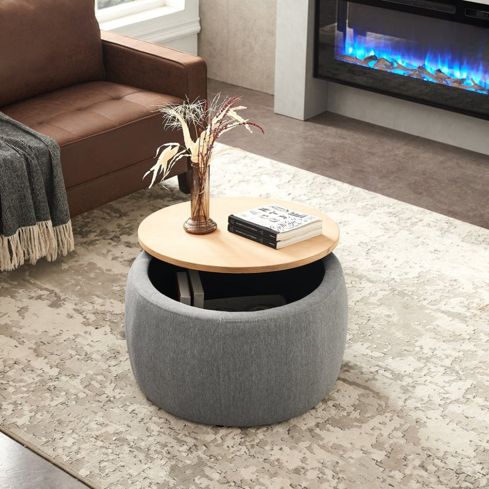 English Elm Round Linen Storage Ottoman with Removable Lid for Living Room or Bedroom Use W48735178