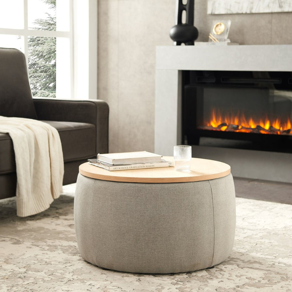 English Elm Round Storage Ottoman with Reversible Lid Navy Linen Pleated Two in One Accent Piece W48735177