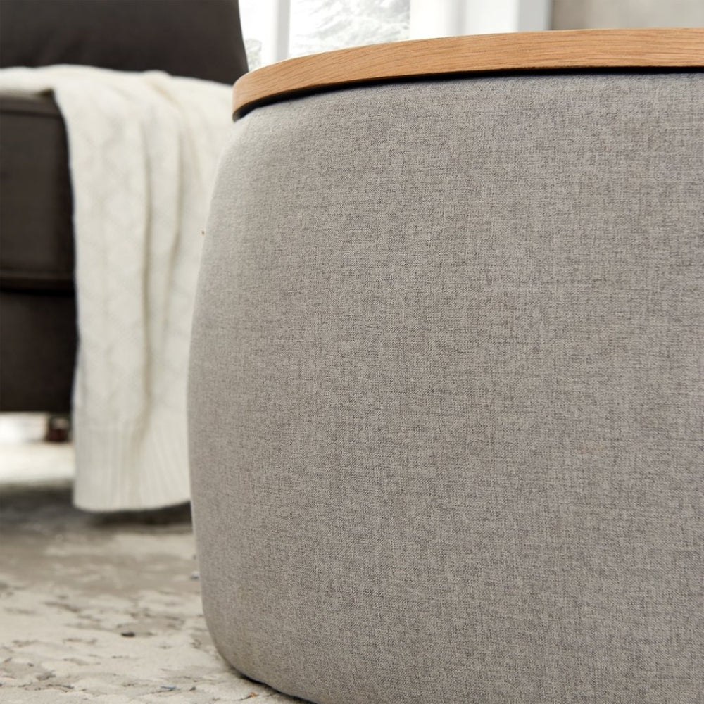 English Elm Round Storage Ottoman with Reversible Lid Navy Linen Pleated Two in One Accent Piece W48735177
