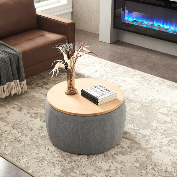 English Elm Round Linen Storage Ottoman with Removable Lid for Living Room or Bedroom Use W48735178