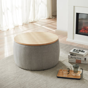 English Elm Round Storage Ottoman with Reversible Lid Navy Linen Pleated Two in One Accent Piece W48735177