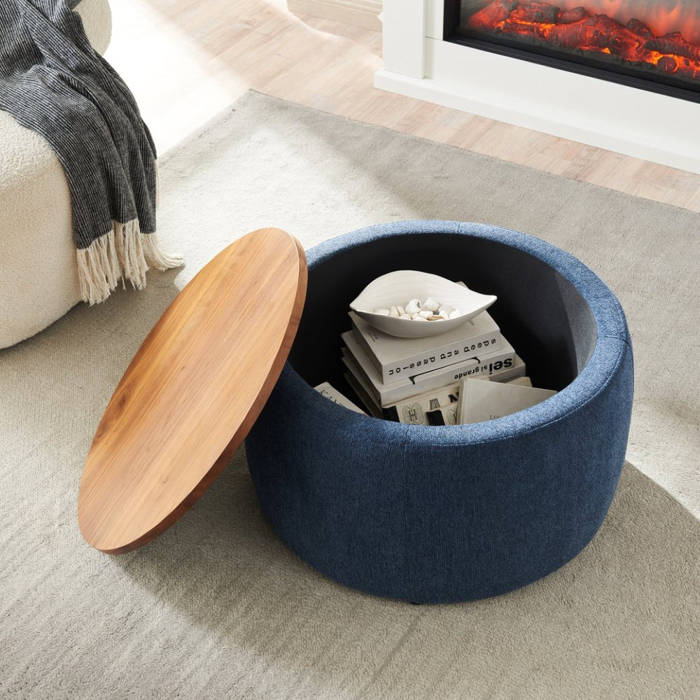English Elm Round Storage Ottoman with Reversible Lid Navy Linen Pleated Two in One Accent Piece W48735176