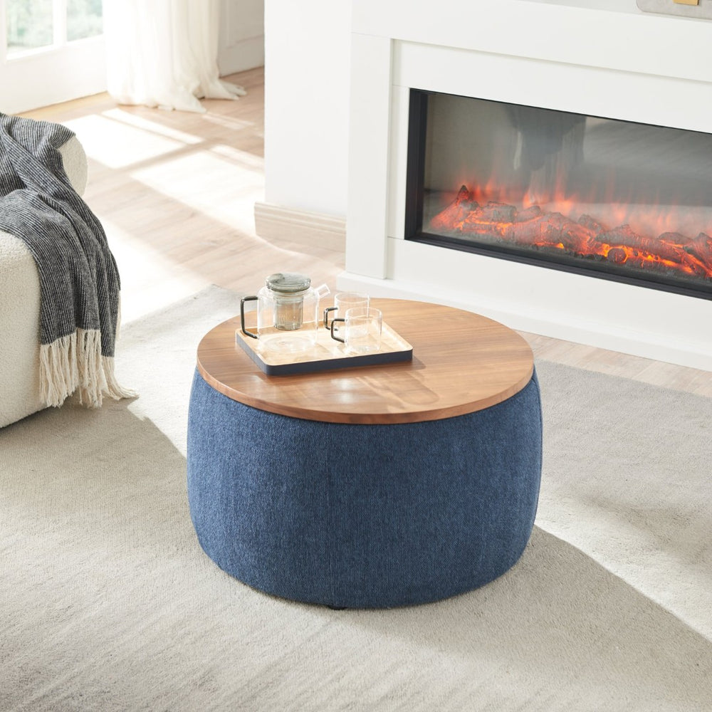 English Elm Round Storage Ottoman with Reversible Lid Navy Linen Pleated Two in One Accent Piece W48735176