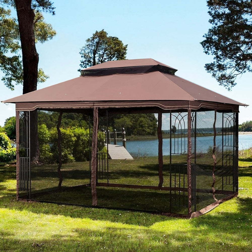 English Elm 13x10 Outdoor Gazebo Steel Frame Dual Roof Canopy with Removable Mesh Screen Panels W41933760
